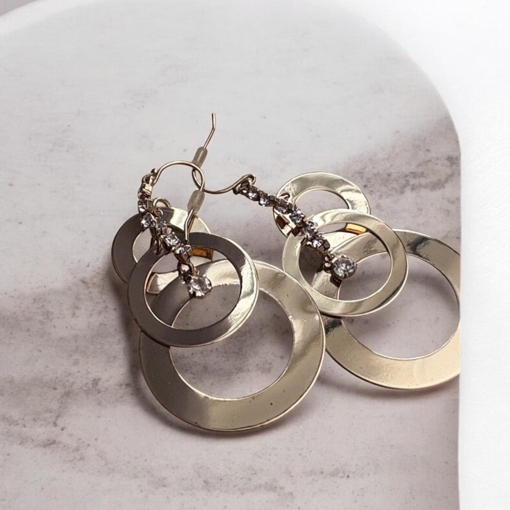 Vintage 2010 Gold Layered Circle Drop Earrings Rhinestone Dangle Statement 2”
